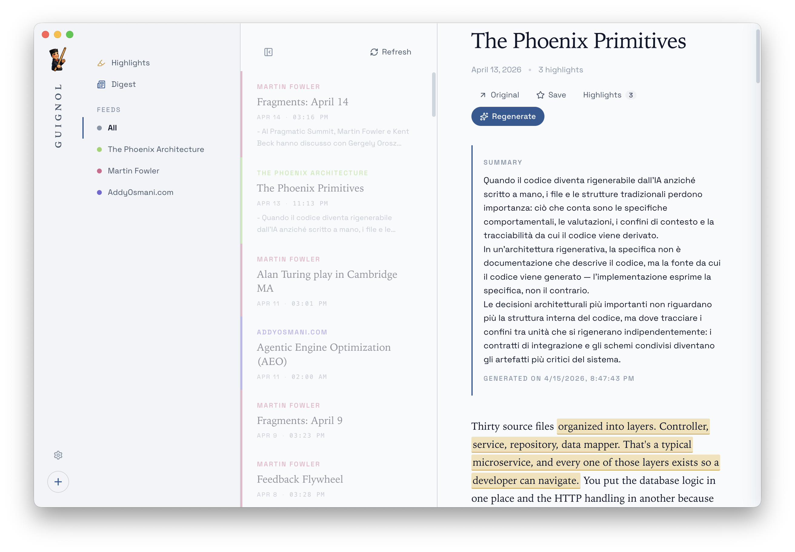 An article opened in Guignol's reader: a generated summary sits above the body, and passages in the article are highlighted in amber with underlines.