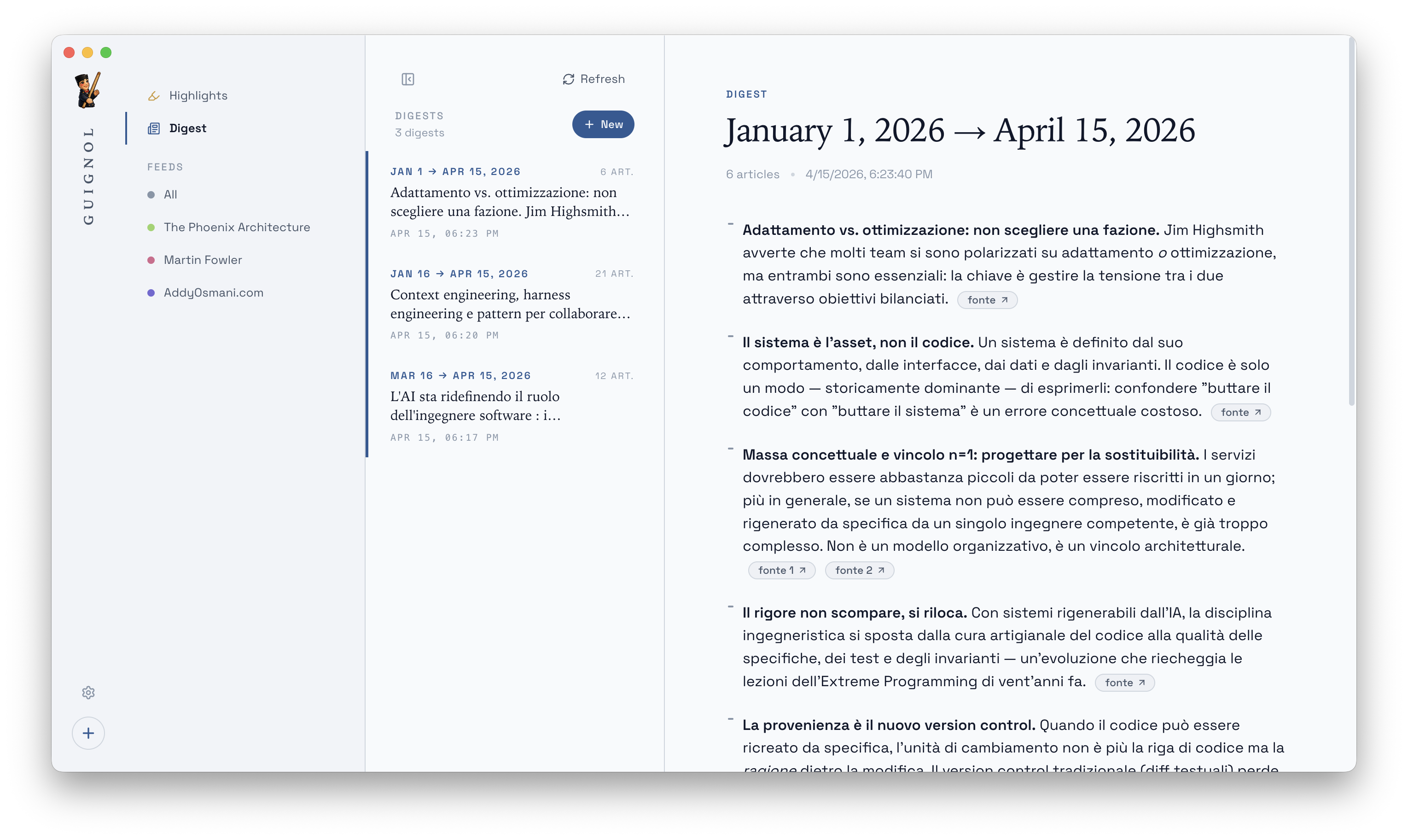 A Guignol digest for the period January 1 to April 15, 2026: six themed bullets with bold phrases pulled from the sources, each linking back to the articles it drew from.