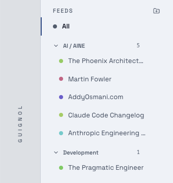 Guignol's sidebar showing feeds grouped under named folders: one folder expanded with three feeds underneath, one folder collapsed, and an Uncategorized section beneath them.