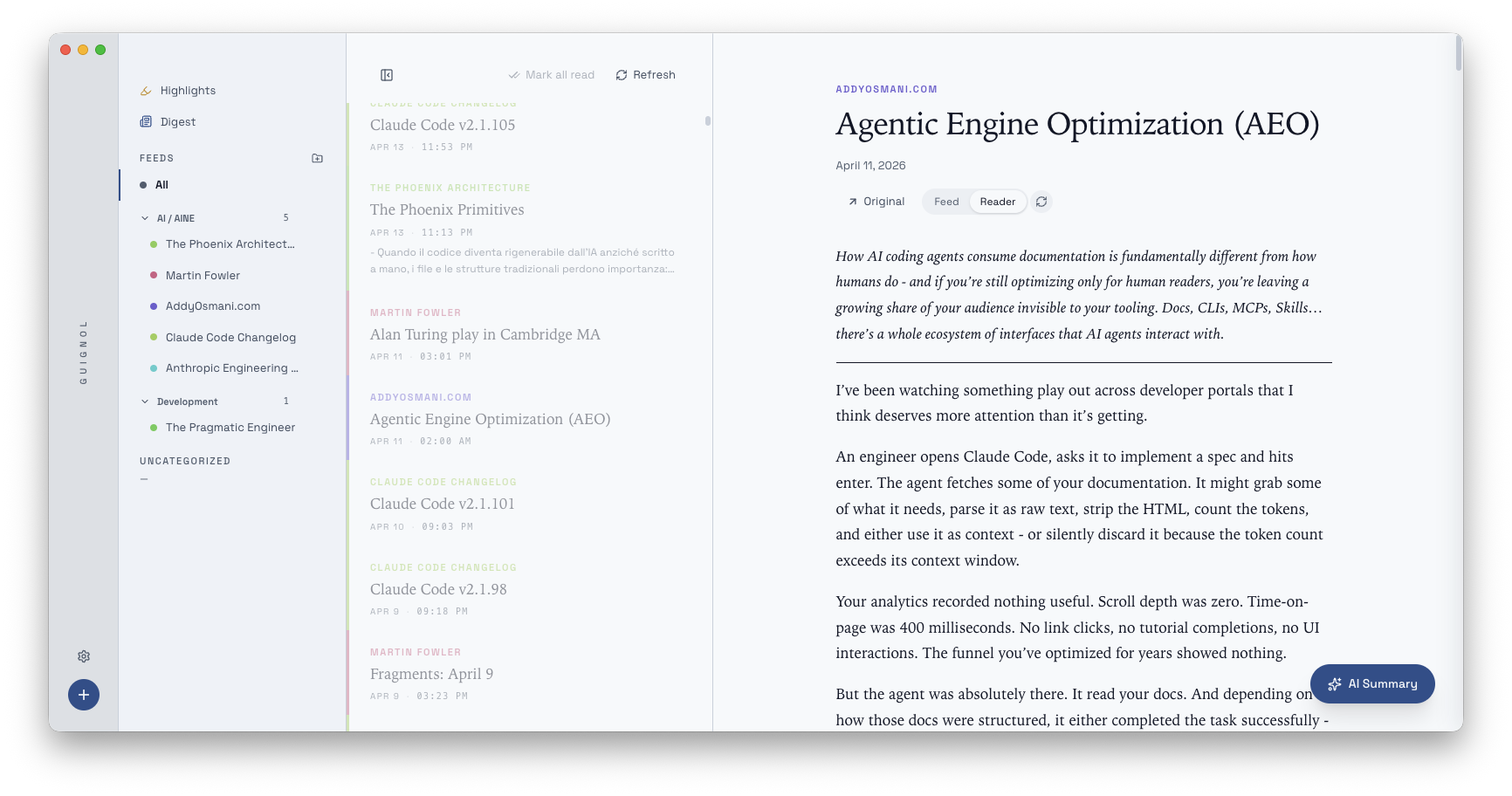 The Guignol three-pane reader: rail and sidebar with folders on the left, article list in the middle, a long-form reading view on the right with an AI Summary button.