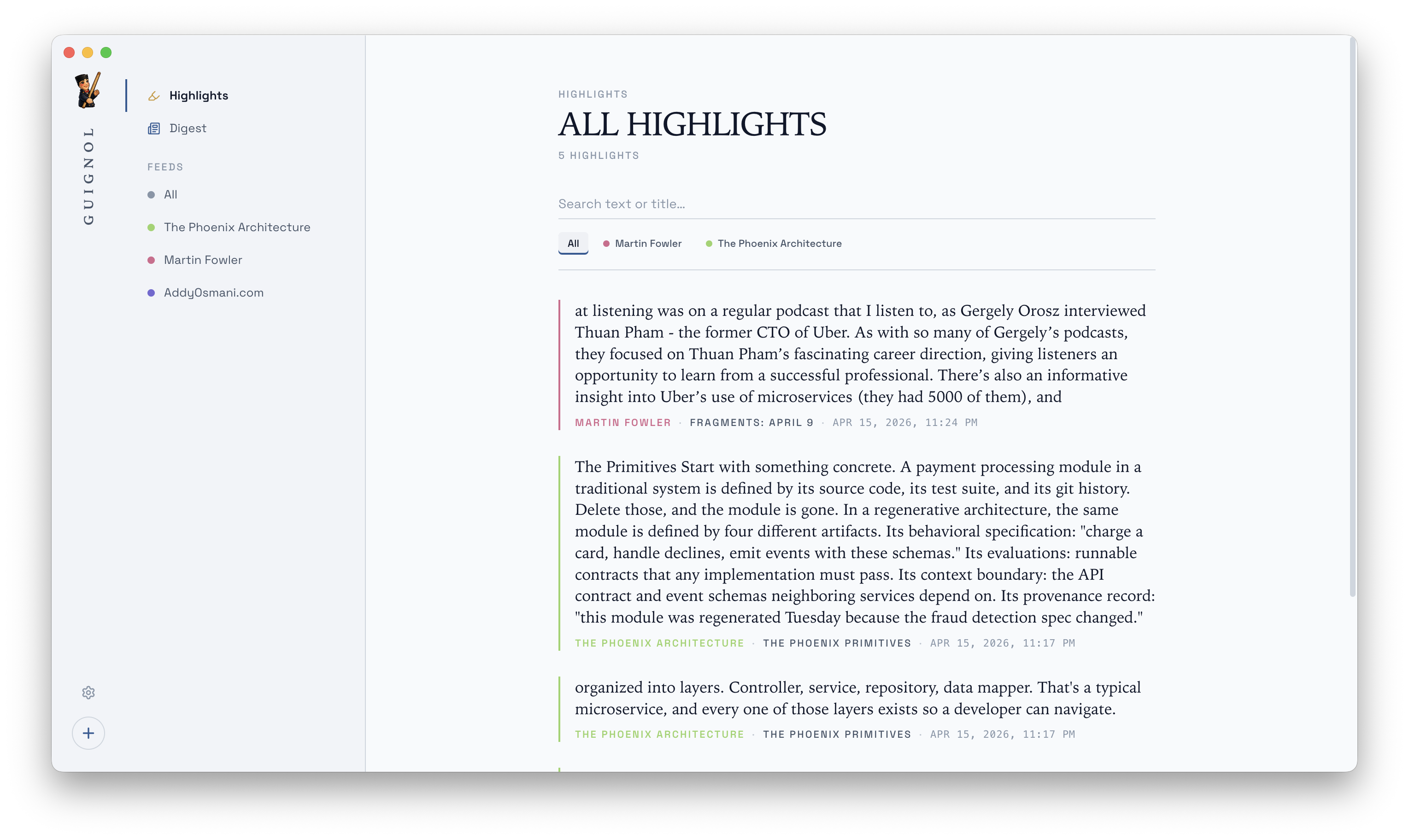 Guignol's All Highlights view: highlighted passages from multiple feeds listed one after another, each labelled with its source and date.