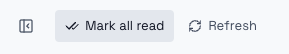 Close-up of Guignol's toolbar: a 'Mark all read' button with a double-check icon sits next to the Refresh button.