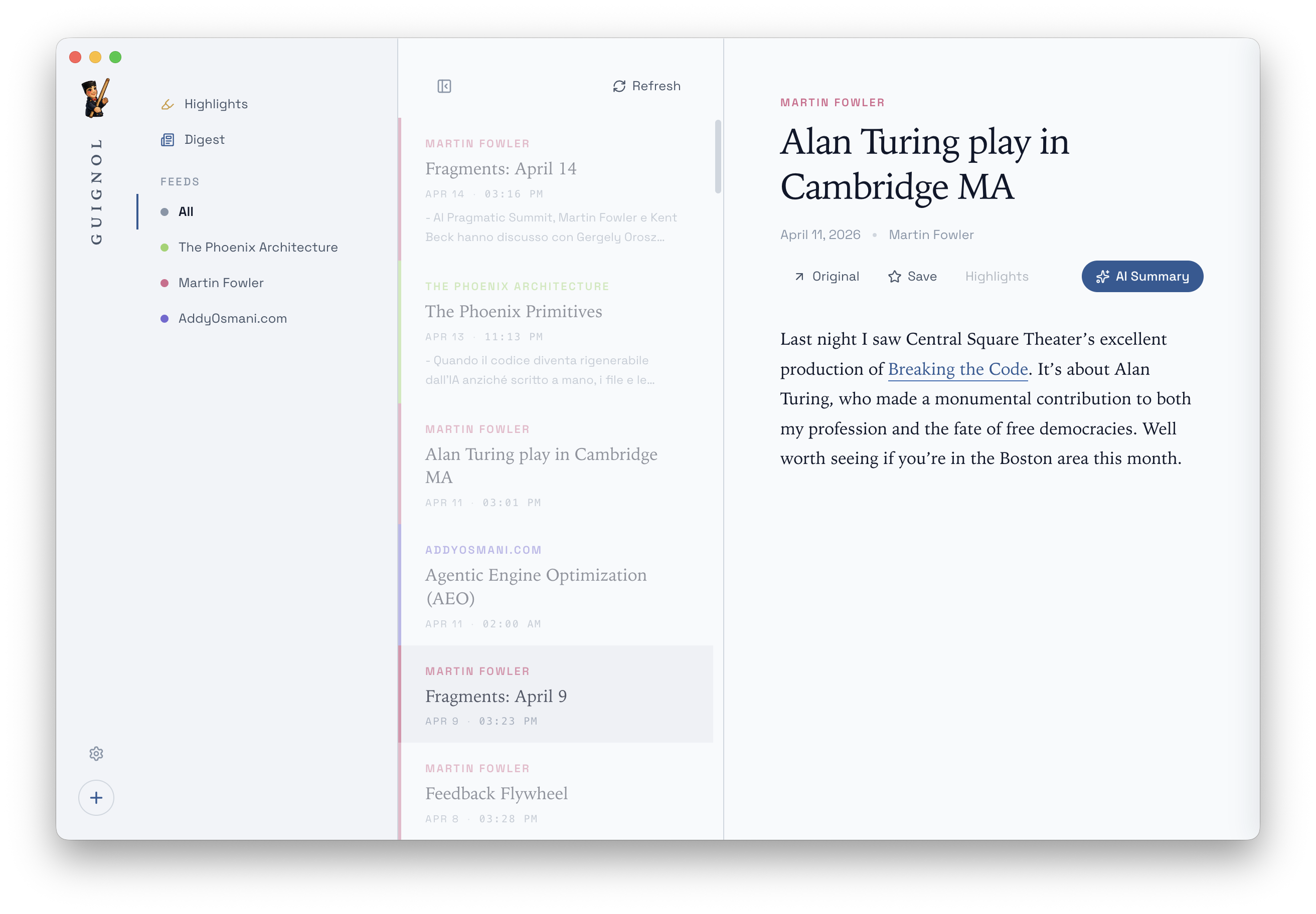 The Guignol three-pane reader: feed list on the left, articles in the middle, a long-form reading view on the right with an AI Summary button.