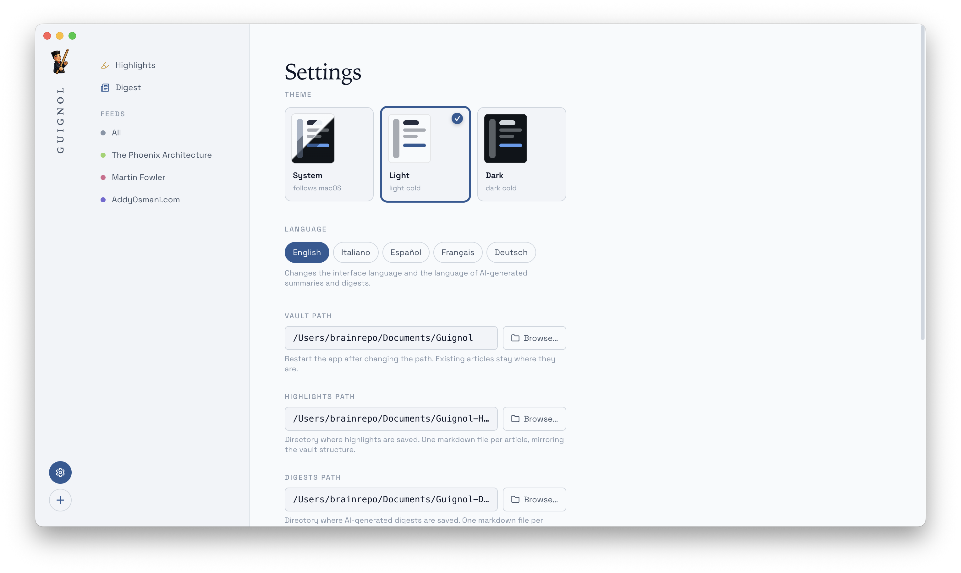 Guignol Settings: three configurable folder paths for the vault, highlights, and digests, plus theme, language, polling interval, and a Claude CLI binary field.